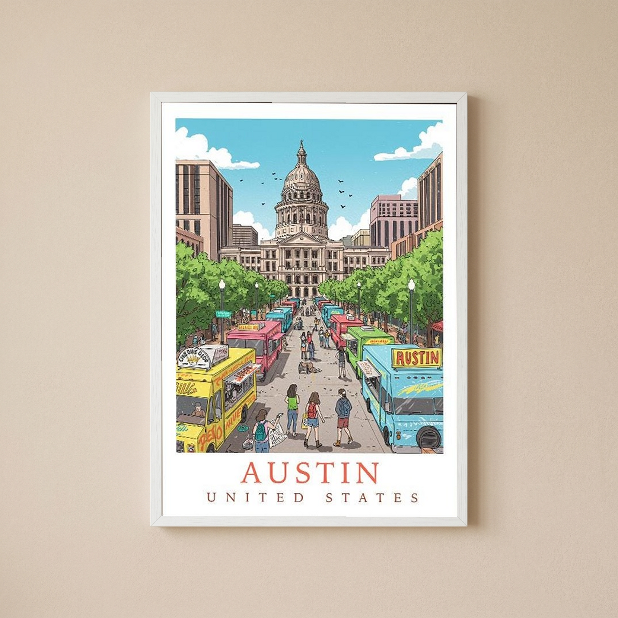 Austin Texas Travel Poster — State Capitol Food Truck Congress Print