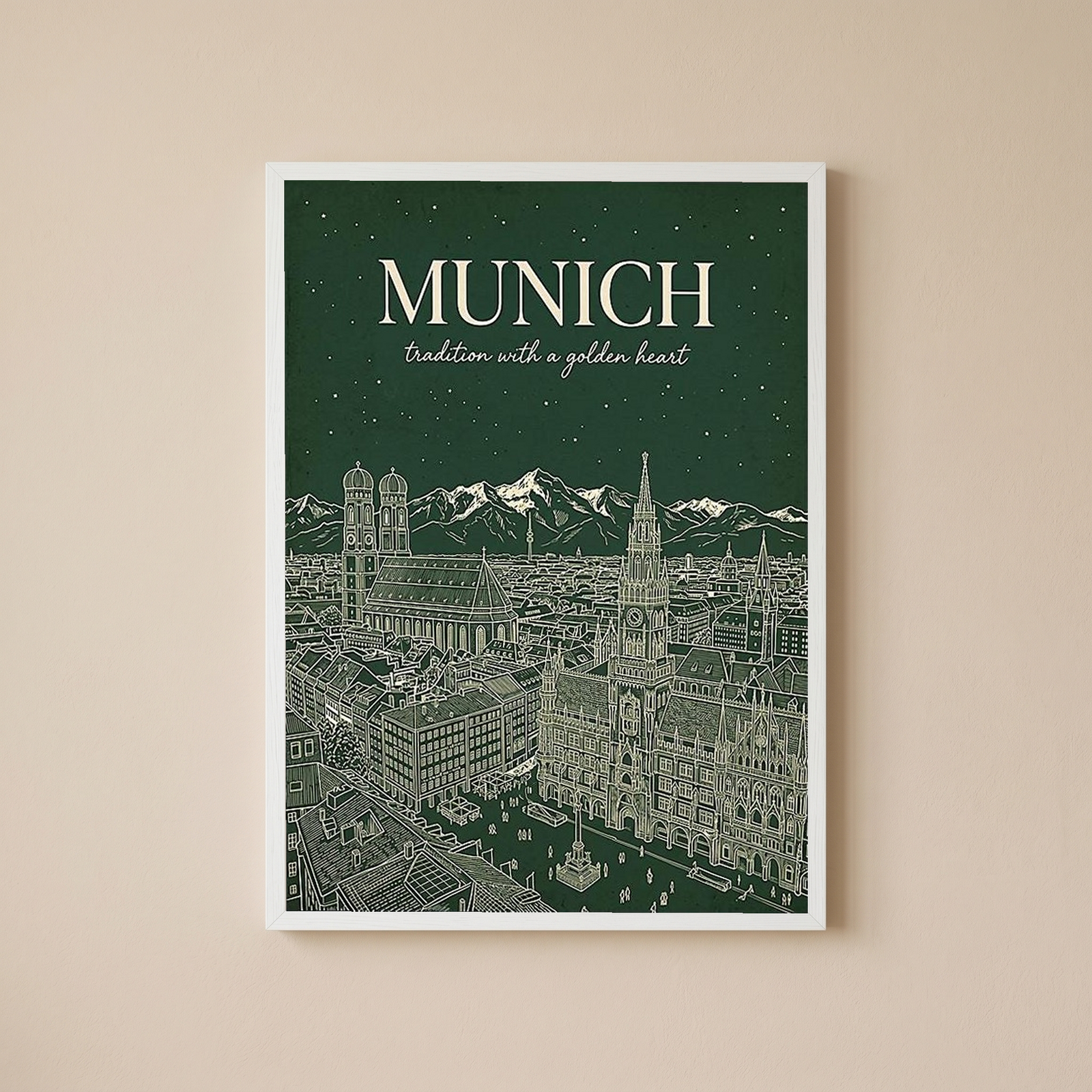 Munich Line Art Print — Forest Green Frauenkirche Marienplatz Skyline Wall Art