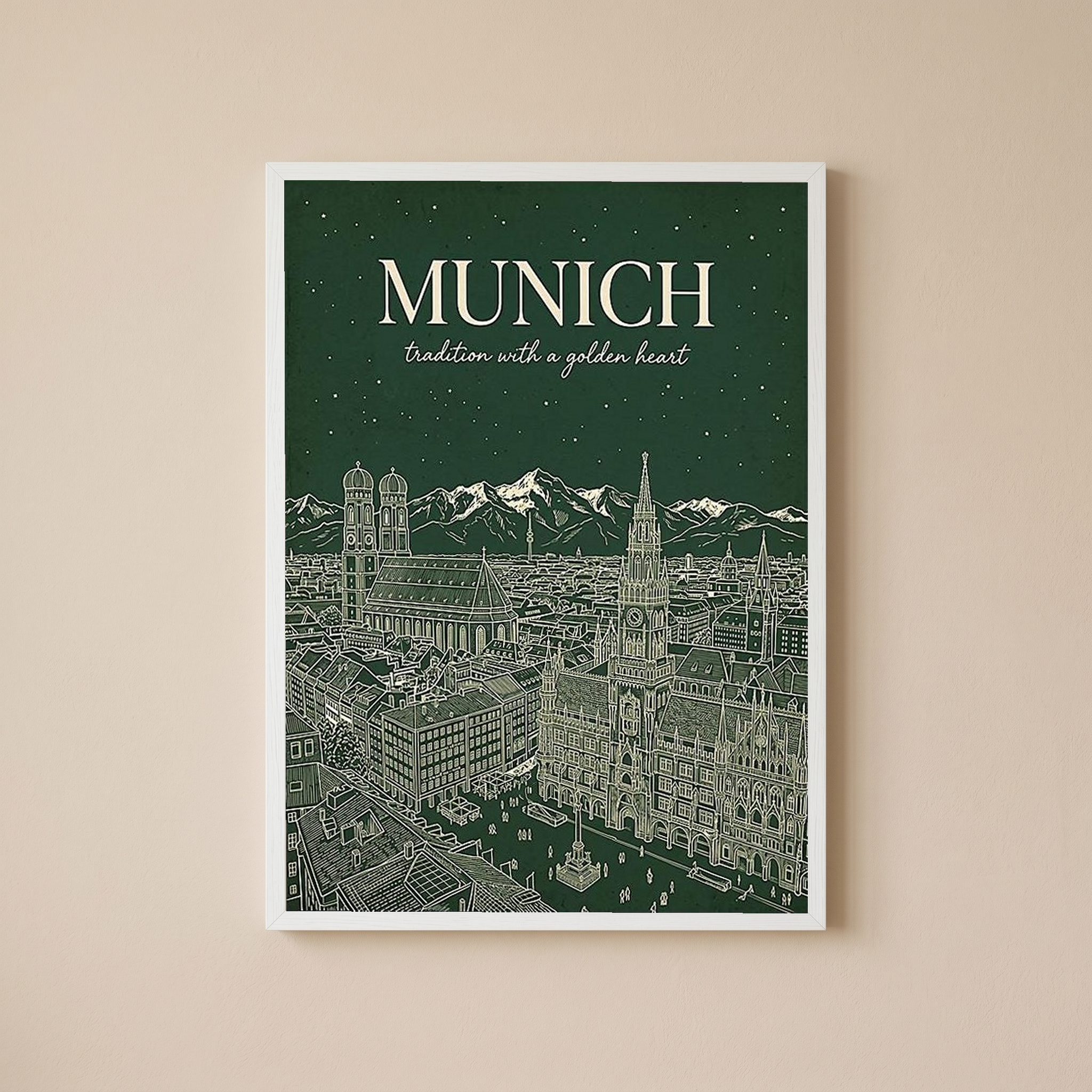 Munich Line Art Print — Forest Green Frauenkirche Marienplatz Skyline Wall Art