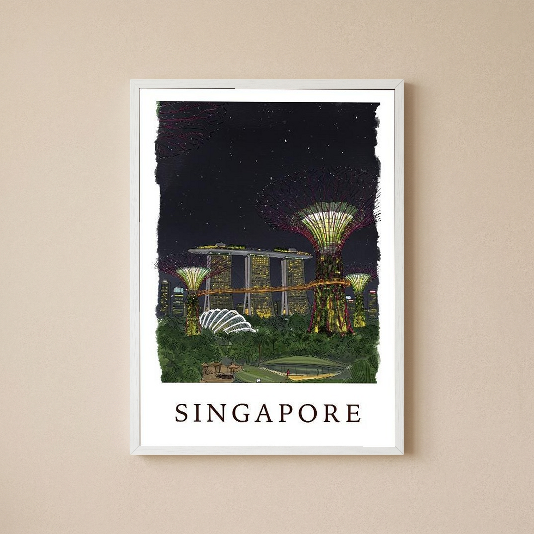 Singapore Travel Poster — Gardens by the Bay Marina Night Print