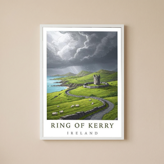 Ring of Kerry Ireland Travel Poster — Coastal Castle Sheep Stone Wall Print