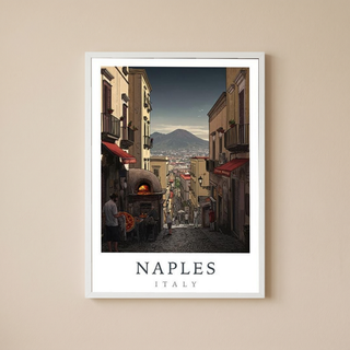 Naples Italy Travel Poster — Vesuvius Pizza Street Scene Print