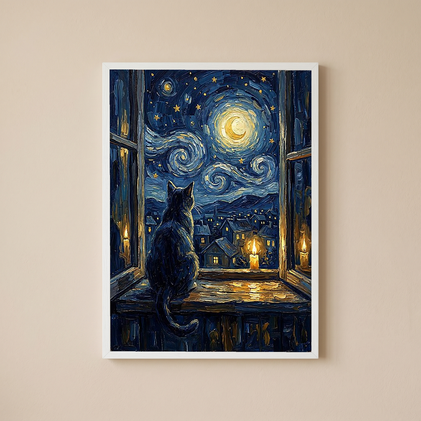 Cat at Candlelit Window Print — Van Gogh Starry Night Village Wall Art