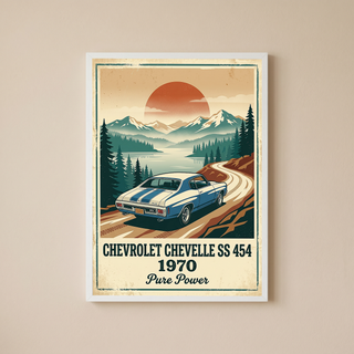 Chevrolet Chevelle SS 454 1970 Sky Blue Poster — Vintage Muscle Car Mountain Lake Print