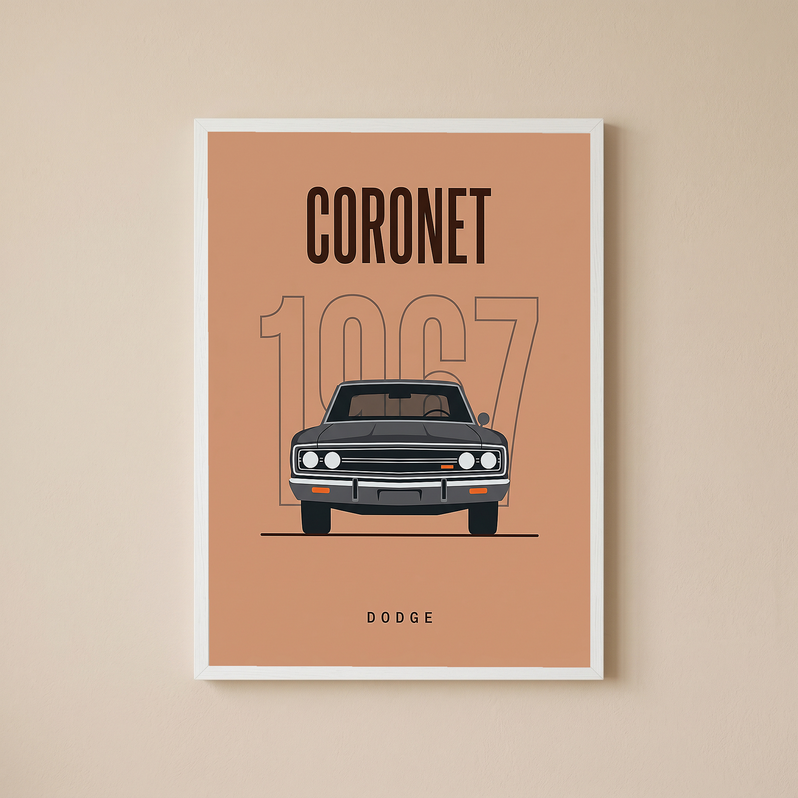 Dodge Coronet 1967 Minimalist Poster — Peach Muscle Car Line Art