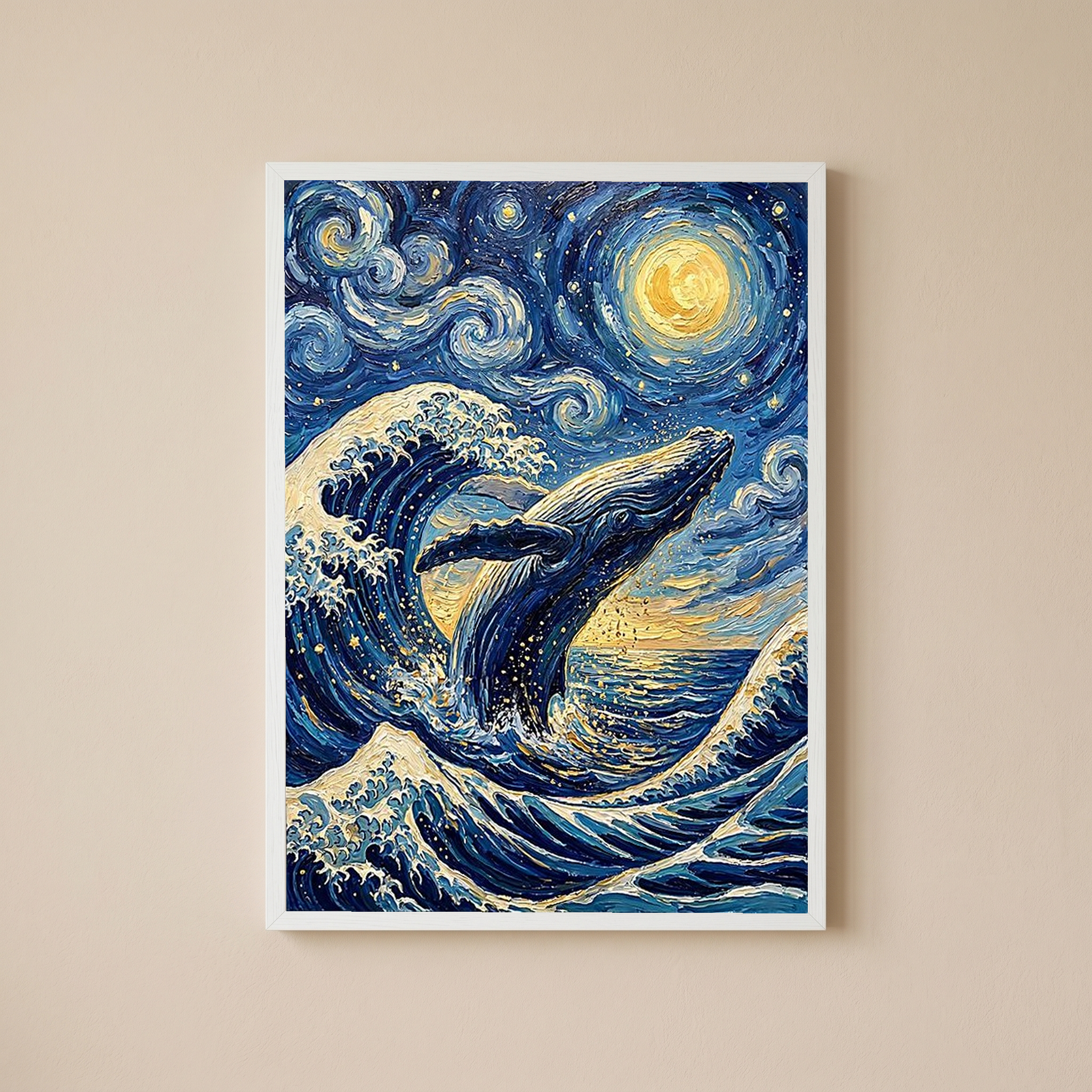 Breaching Whale Starry Night Print — Van Gogh-Style Ocean Humpback Wall Art