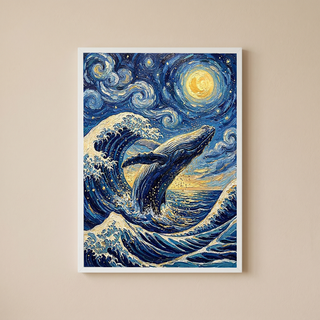 Breaching Whale Starry Night Print — Van Gogh-Style Ocean Humpback Wall Art
