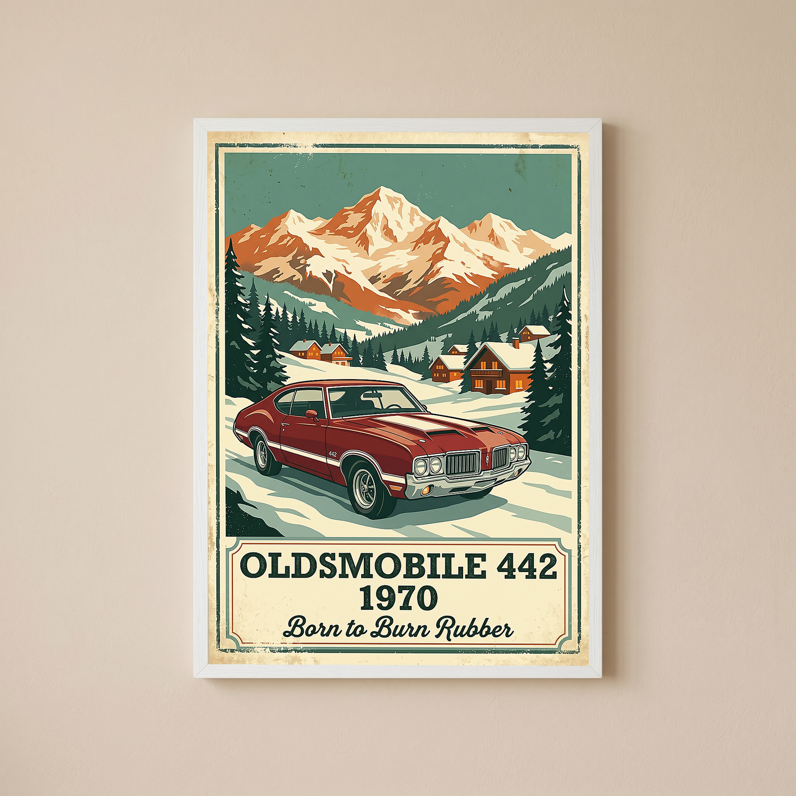 Oldsmobile 442 1970 V2 Poster — Vintage Muscle Winter Alpine Village Print