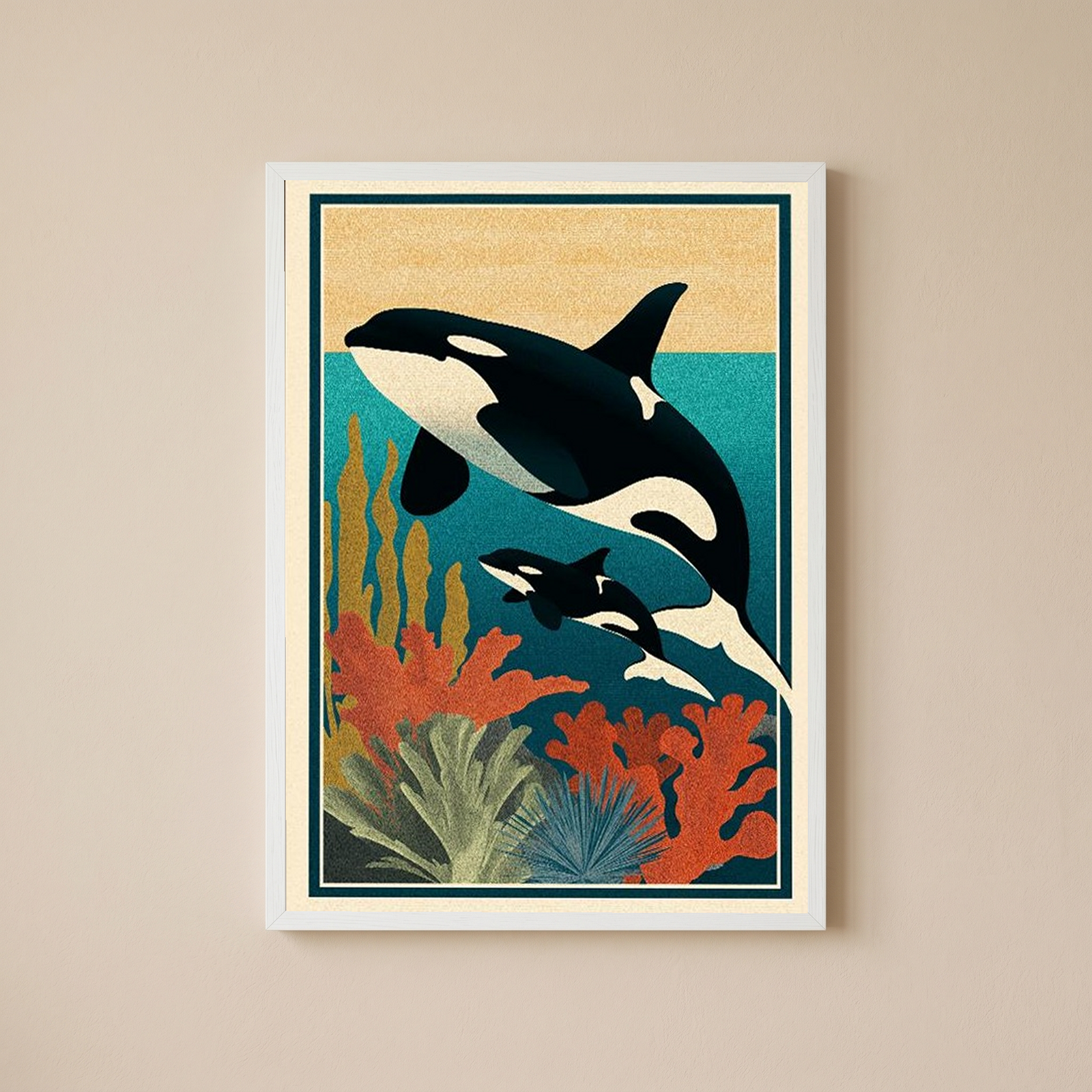 Orca Mother & Calf Ocean Reef Poster - Coastal Wildlife Wall Art
