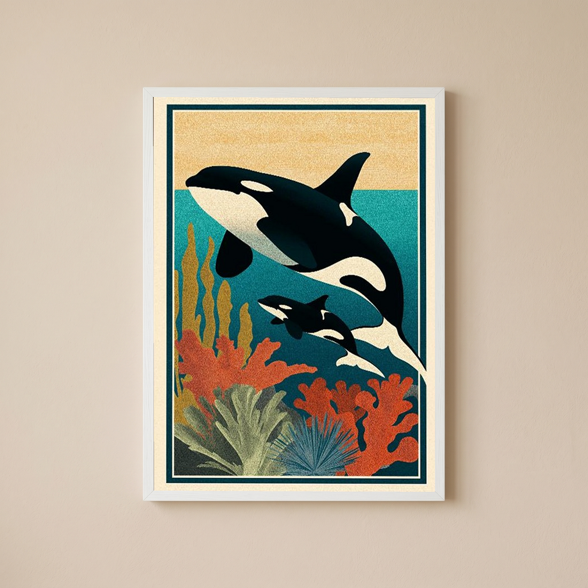 Orca Mother & Calf Ocean Reef Poster - Coastal Wildlife Wall Art