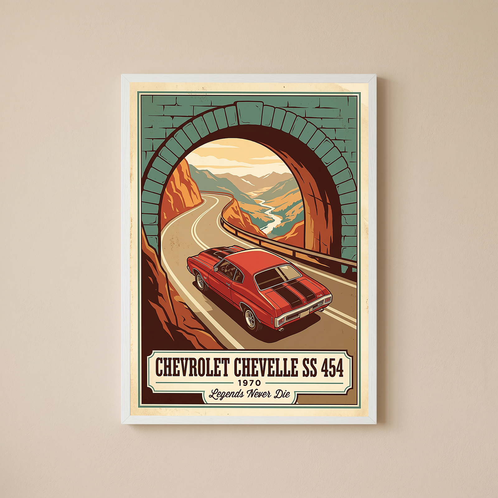 Chevrolet Chevelle SS 454 1970 V9 Stone Tunnel Poster — Vintage Muscle Mountain Pass