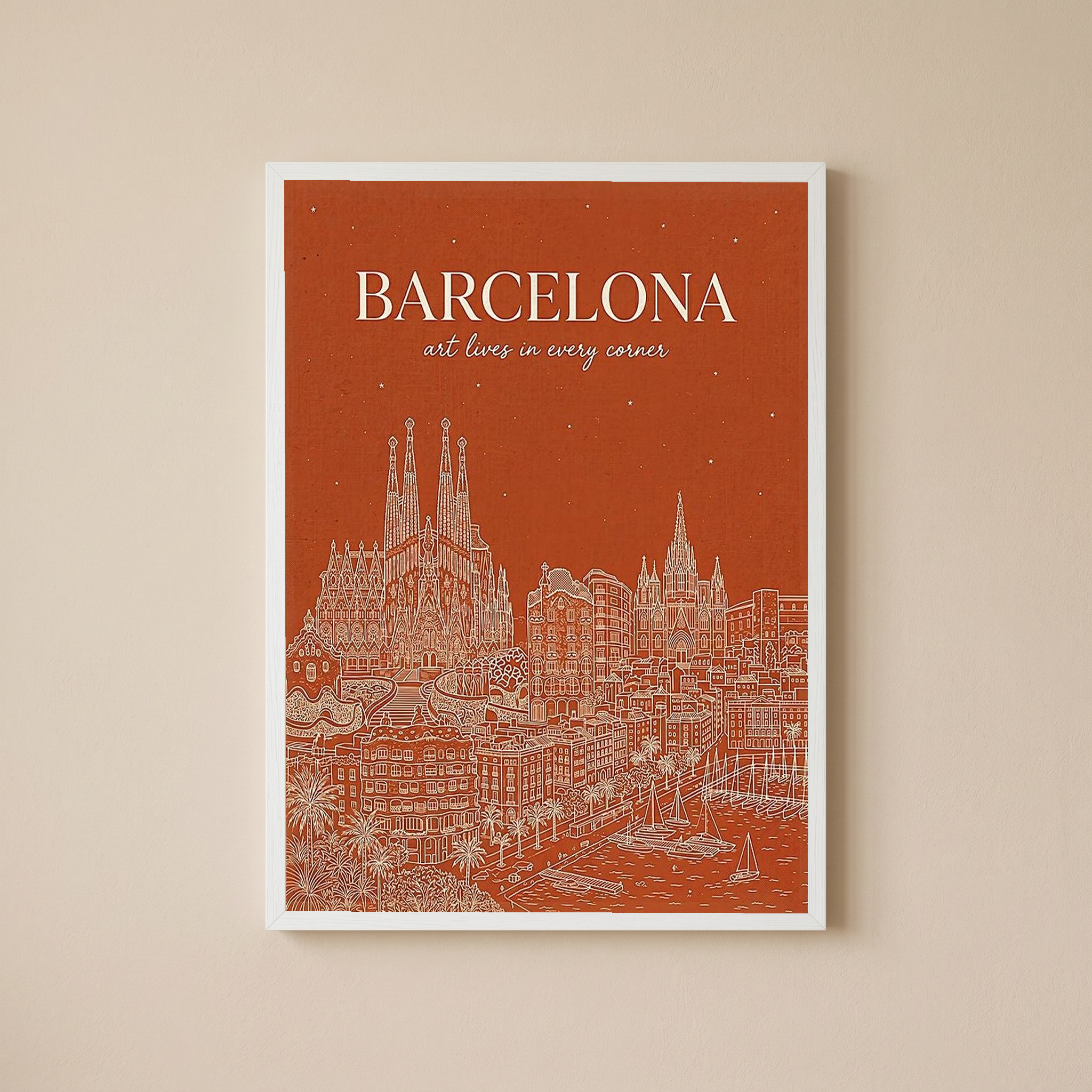 Barcelona Line Art Print — Burnt Orange Sagrada Familia Skyline Wall Art