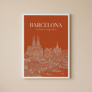 Barcelona Line Art Print — Burnt Orange Sagrada Familia Skyline Wall Art