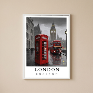 London Travel Poster — Big Ben Red Bus Telephone Box Iconic Print
