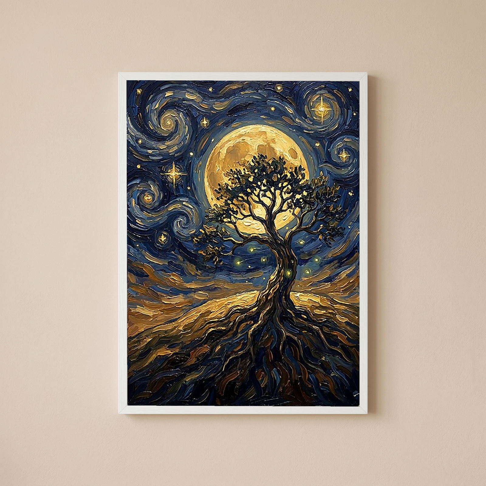 Tree of Life Full Moon Print — Van Gogh-Style Mystical Spiritual Wall Art