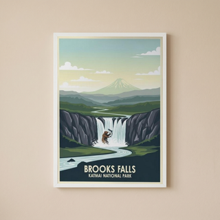 Katmai National Park Poster — Vintage Alaska Brooks Falls Brown Bear Salmon Print