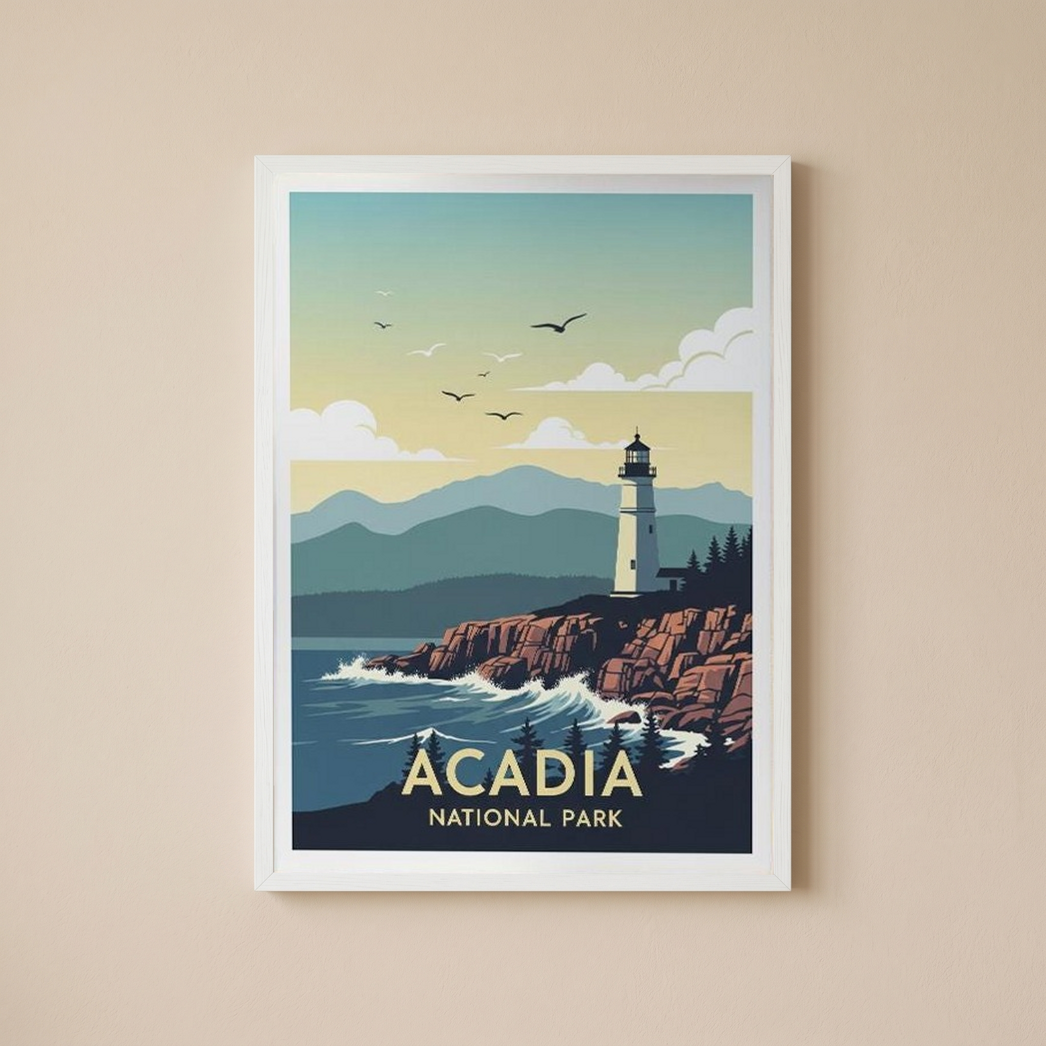 Acadia National Park Poster — Vintage Maine Lighthouse Coastal Print