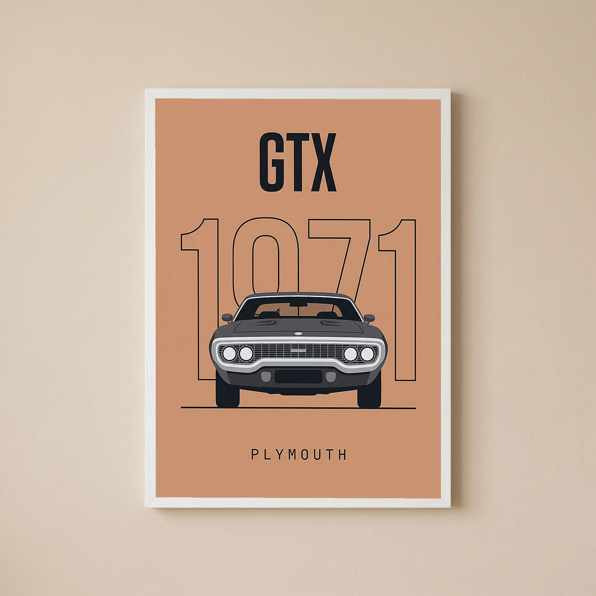 Plymouth GTX 1971 Minimalist Poster — Peach B-Body Muscle Line Art