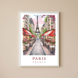 Paris France Travel Poster — Eiffel Tower Street Cafe Print