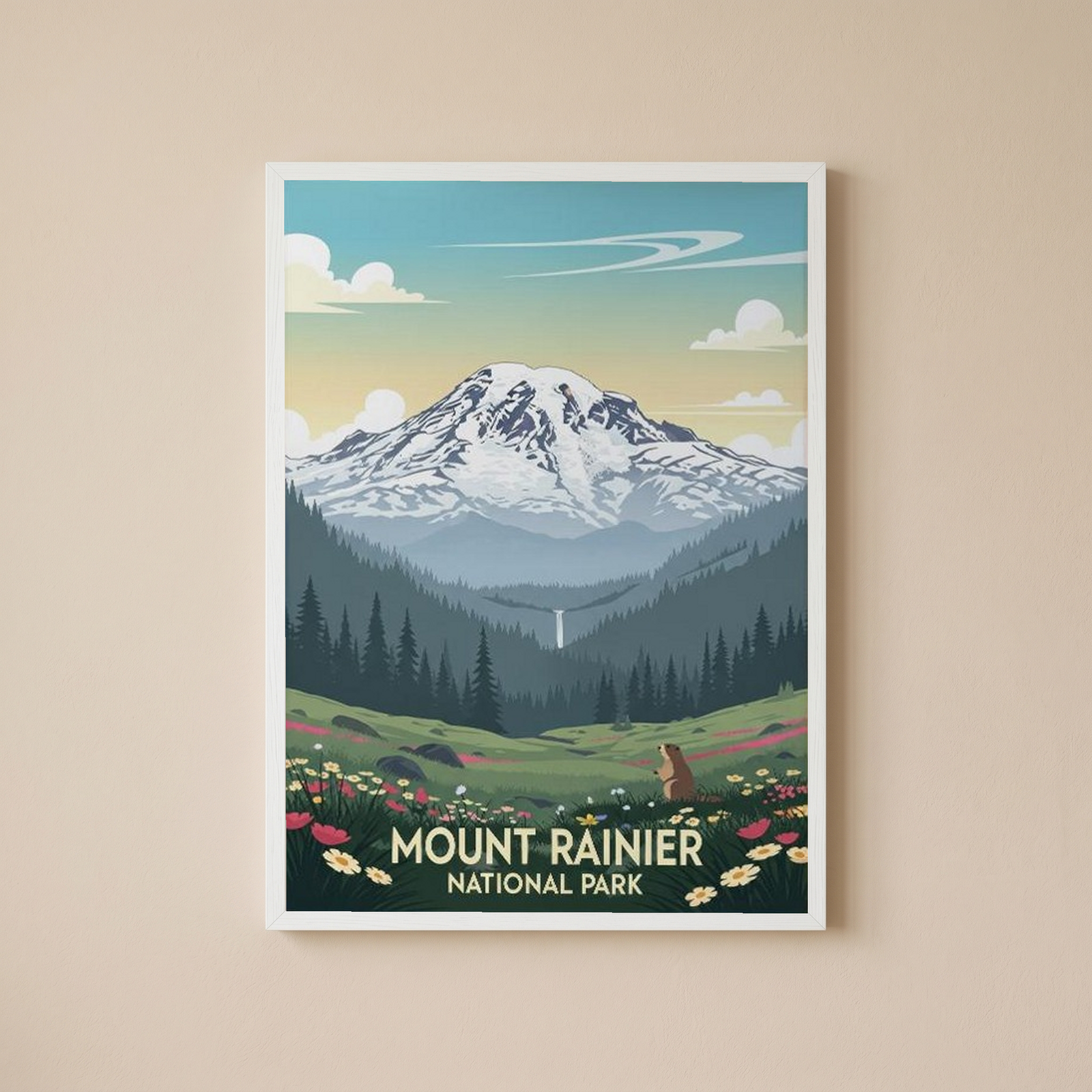 Mount Rainier National Park Poster — Vintage Washington Wildflower Marmot Print