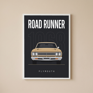 Plymouth Road Runner 1968 V2 Minimalist Poster — Sand on Charcoal Muscle Line Art