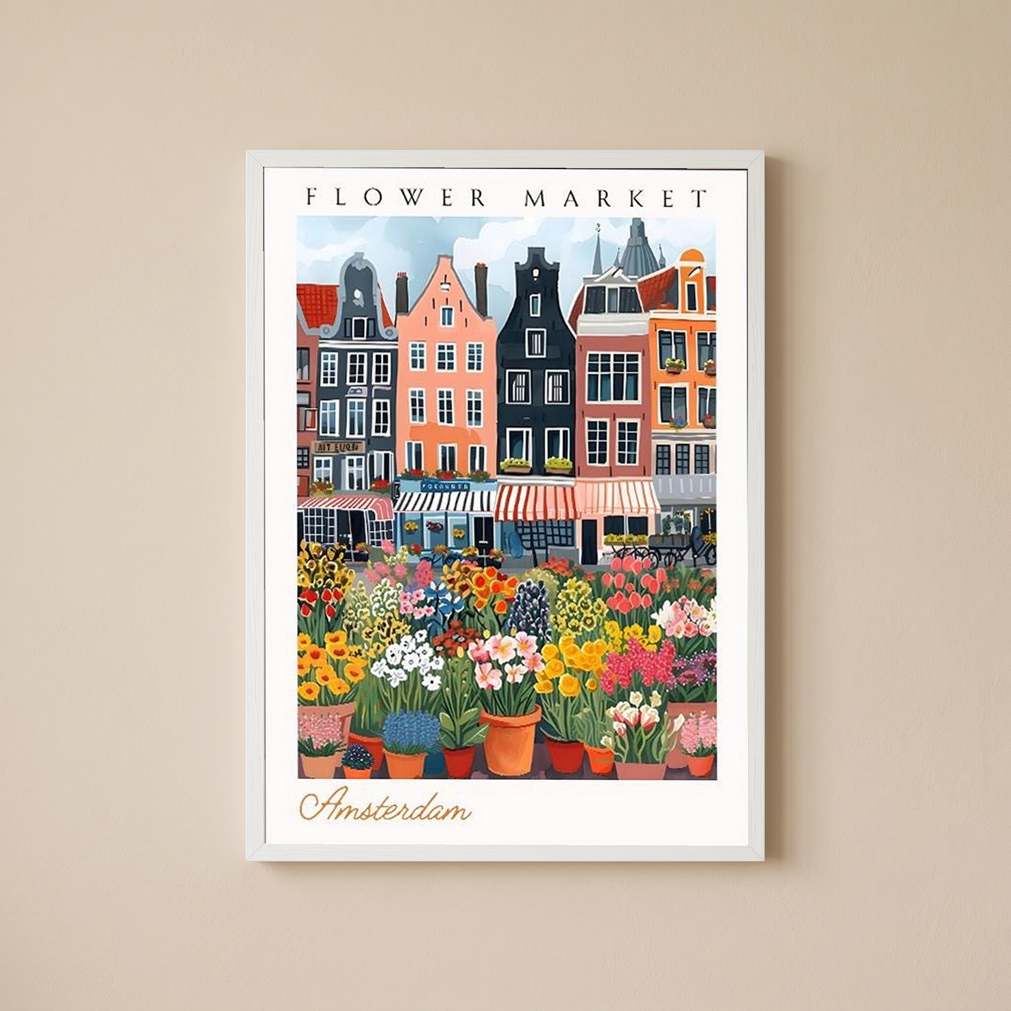 Amsterdam Flower Market Print — Canal Houses Tulip Cityscape Art