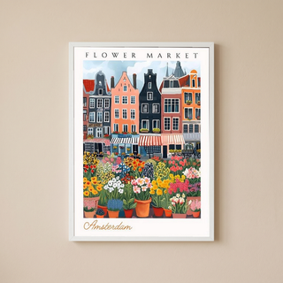 Amsterdam Flower Market Print — Canal Houses Tulip Cityscape Art