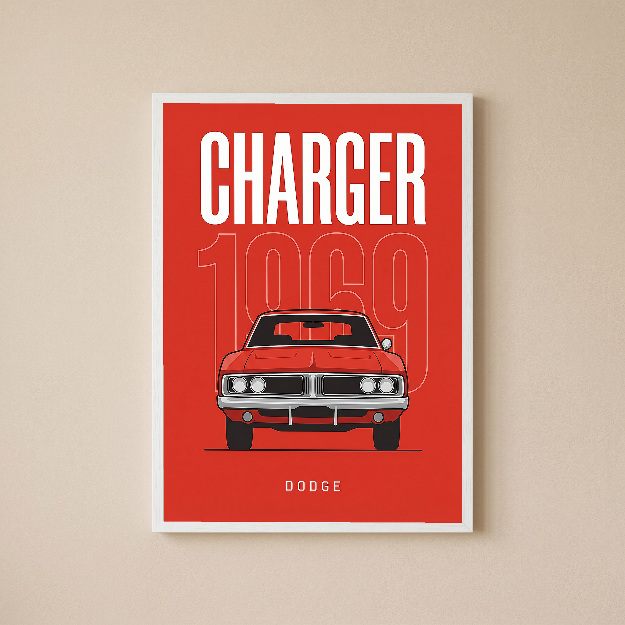 Dodge Charger 1969 Minimalist Poster — Red Muscle Car Line Art