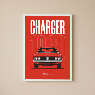 Dodge Charger 1969 Minimalist Poster — Red Muscle Car Line Art