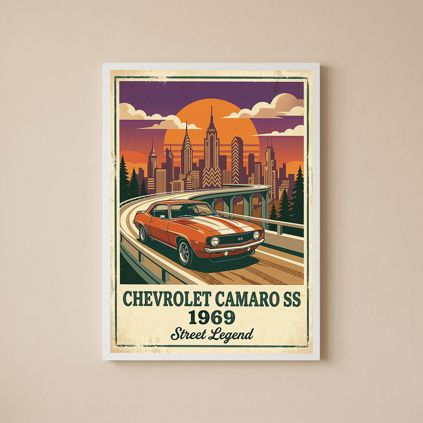 Chevrolet Camaro SS 1969 Poster — Vintage Muscle Car City Skyline Print