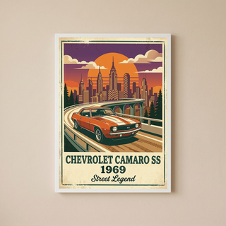 Chevrolet Camaro SS 1969 Poster — Vintage Muscle Car City Skyline Print