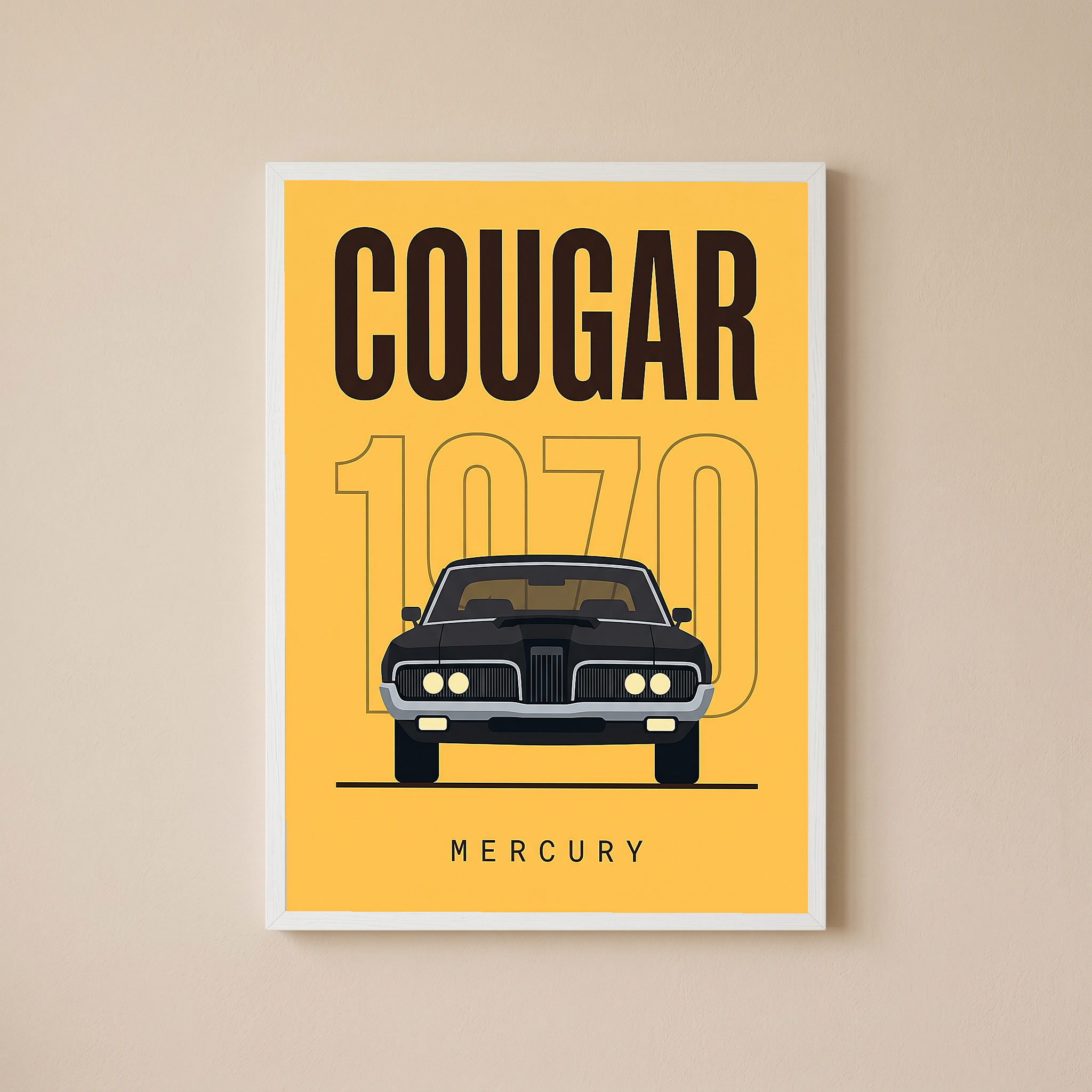 Mercury Cougar 1970 Minimalist Poster — Golden Yellow Muscle Car Line Art