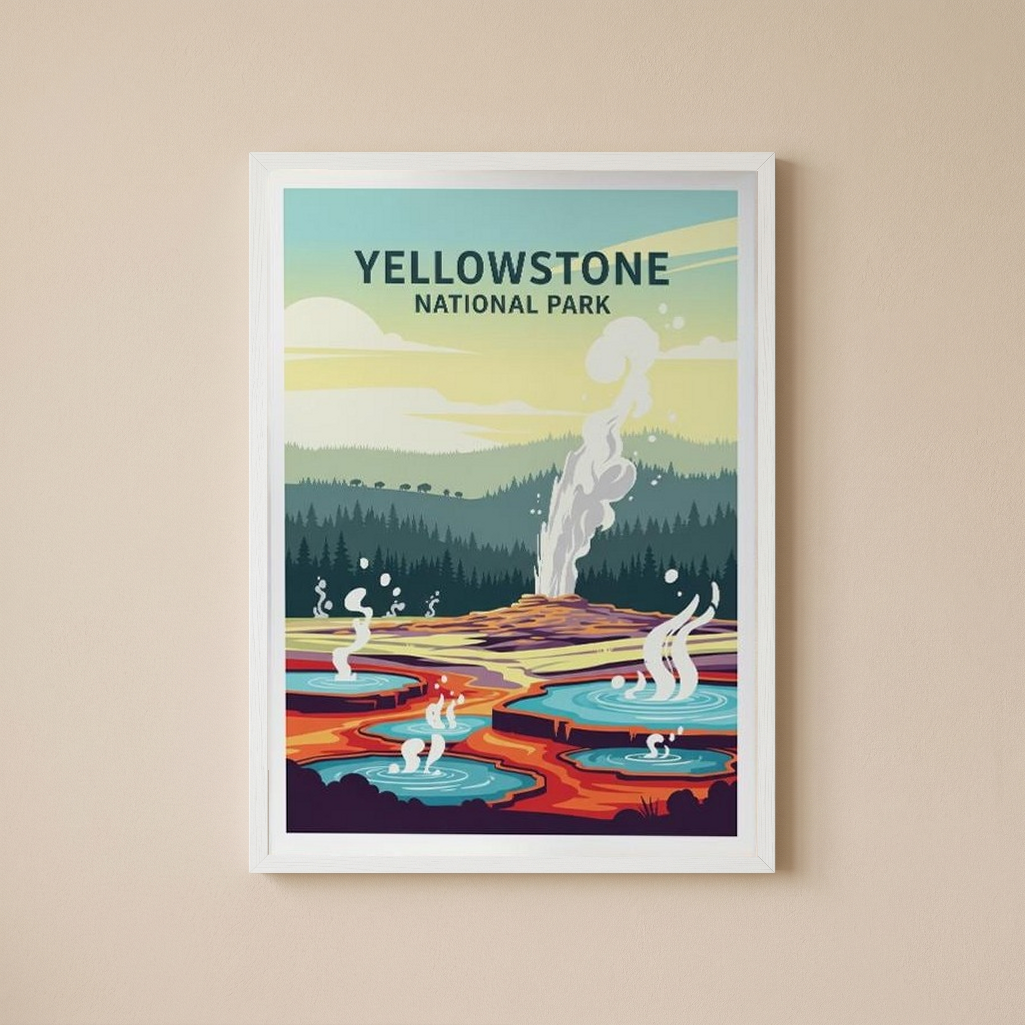 Yellowstone National Park Poster — Vintage Old Faithful Grand Prismatic Spring Print
