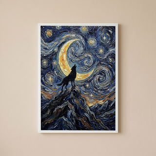 Black Wolf Howling Crescent Moon Print — Van Gogh-Style Mountain Wall Art