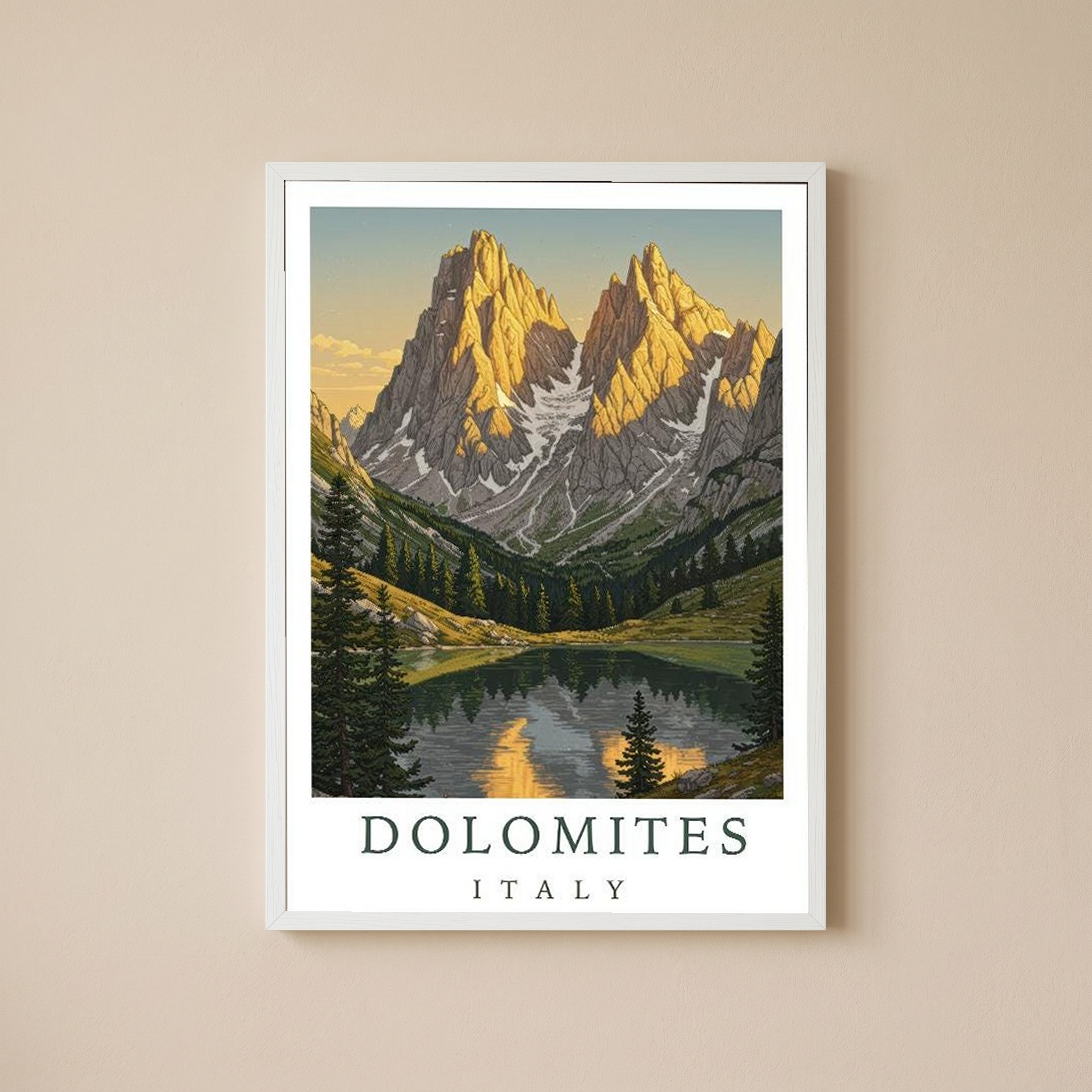 Dolomites Italy Travel Poster — Vintage Alpine Mountain Lake Print