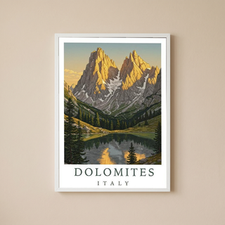 Dolomites Italy Travel Poster — Vintage Alpine Mountain Lake Print