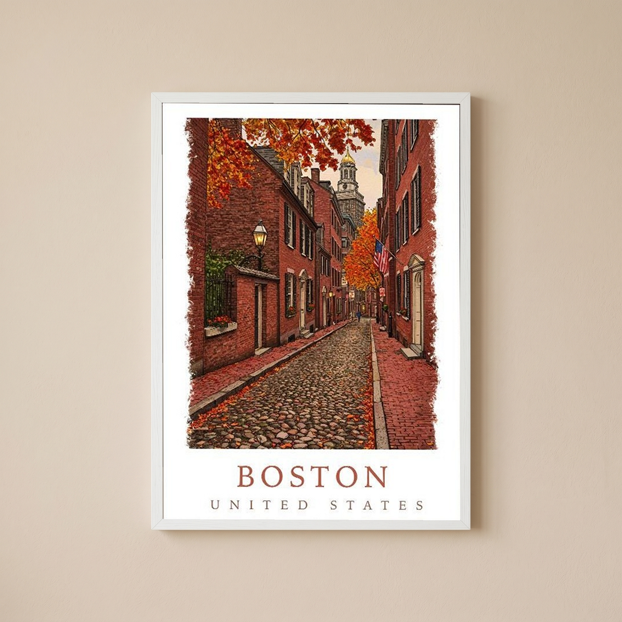 Boston USA Travel Poster — Acorn Street Beacon Hill Fall Foliage Print