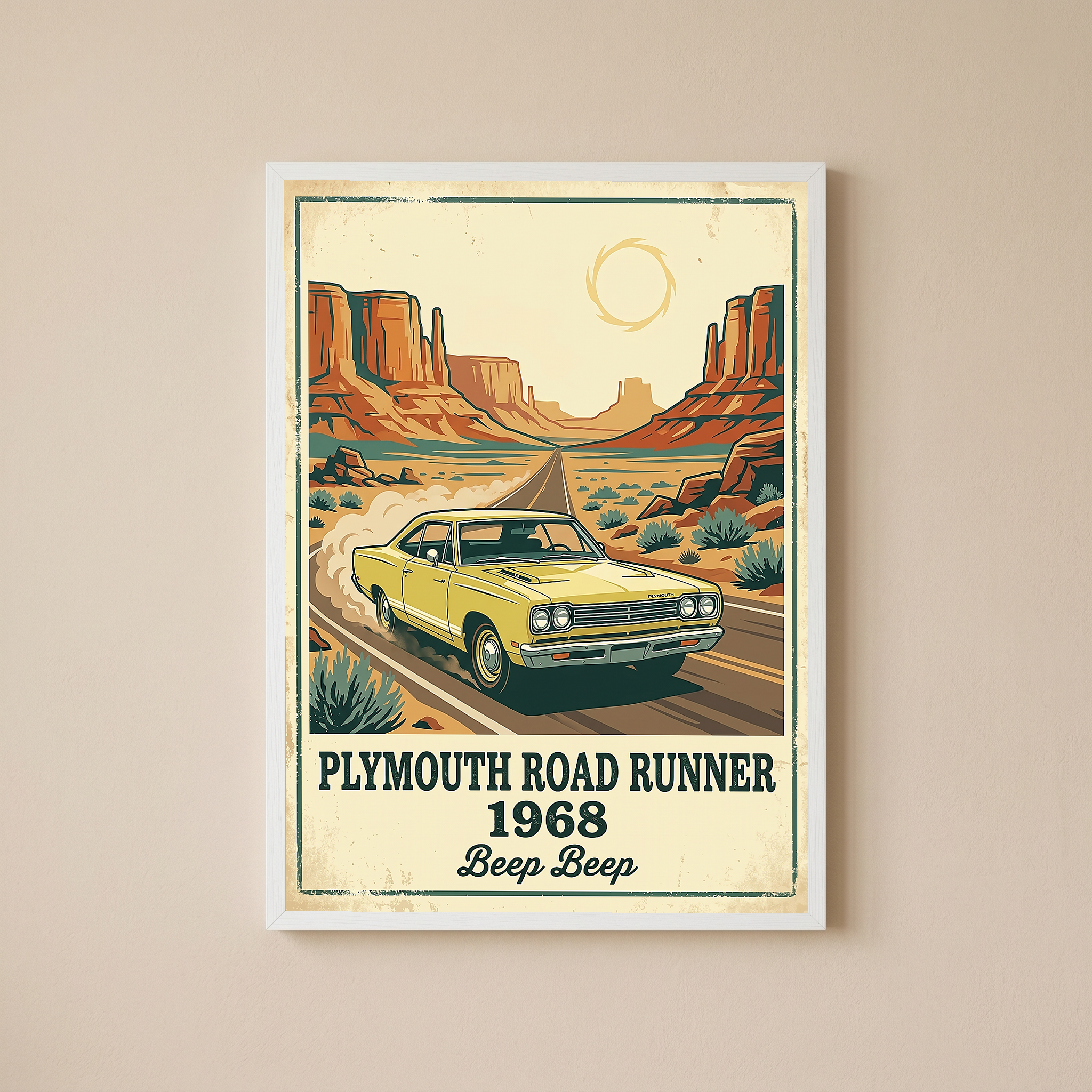 Plymouth Road Runner 1968 Poster — Vintage Muscle Car Monument Valley Print
