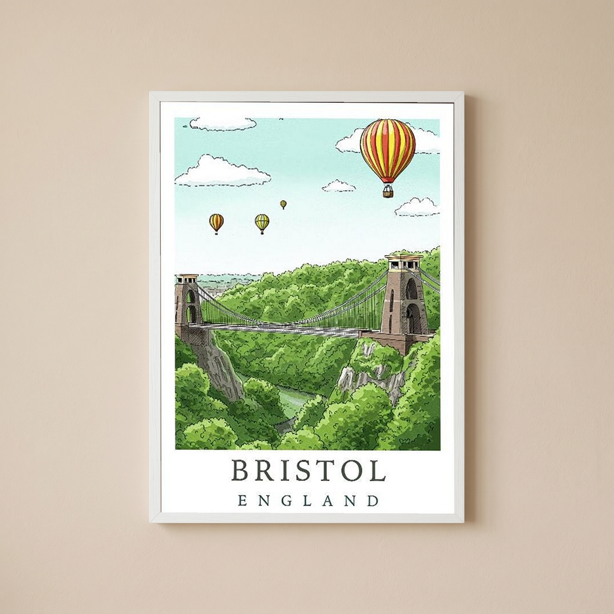 Bristol England Travel Poster — Clifton Bridge Hot Air Balloon Print