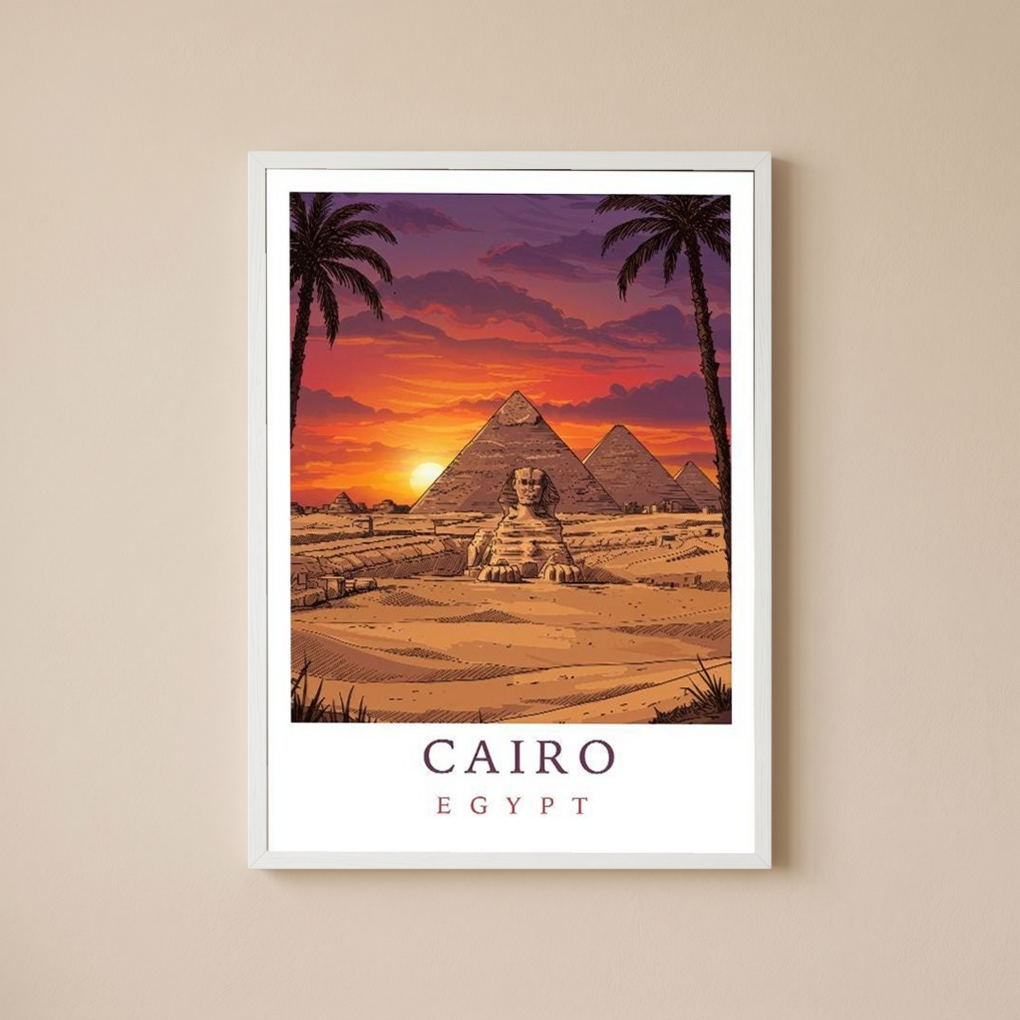 Cairo Egypt Travel Poster — Pyramids Sphinx Sunset Wall Art Print