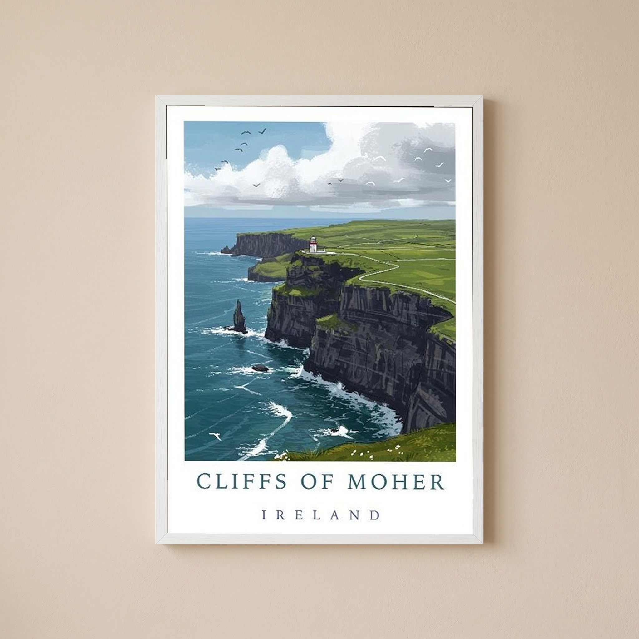 Cliffs of Moher Ireland Travel Poster — Coastal Lighthouse Atlantic Print