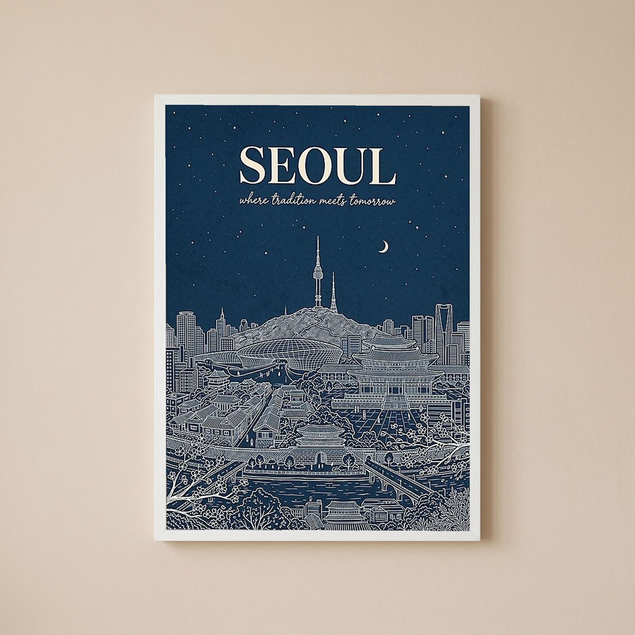 Seoul Line Art Print — Navy N Seoul Tower Gyeongbokgung Palace Skyline Wall Art