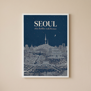 Seoul Line Art Print — Navy N Seoul Tower Gyeongbokgung Palace Skyline Wall Art