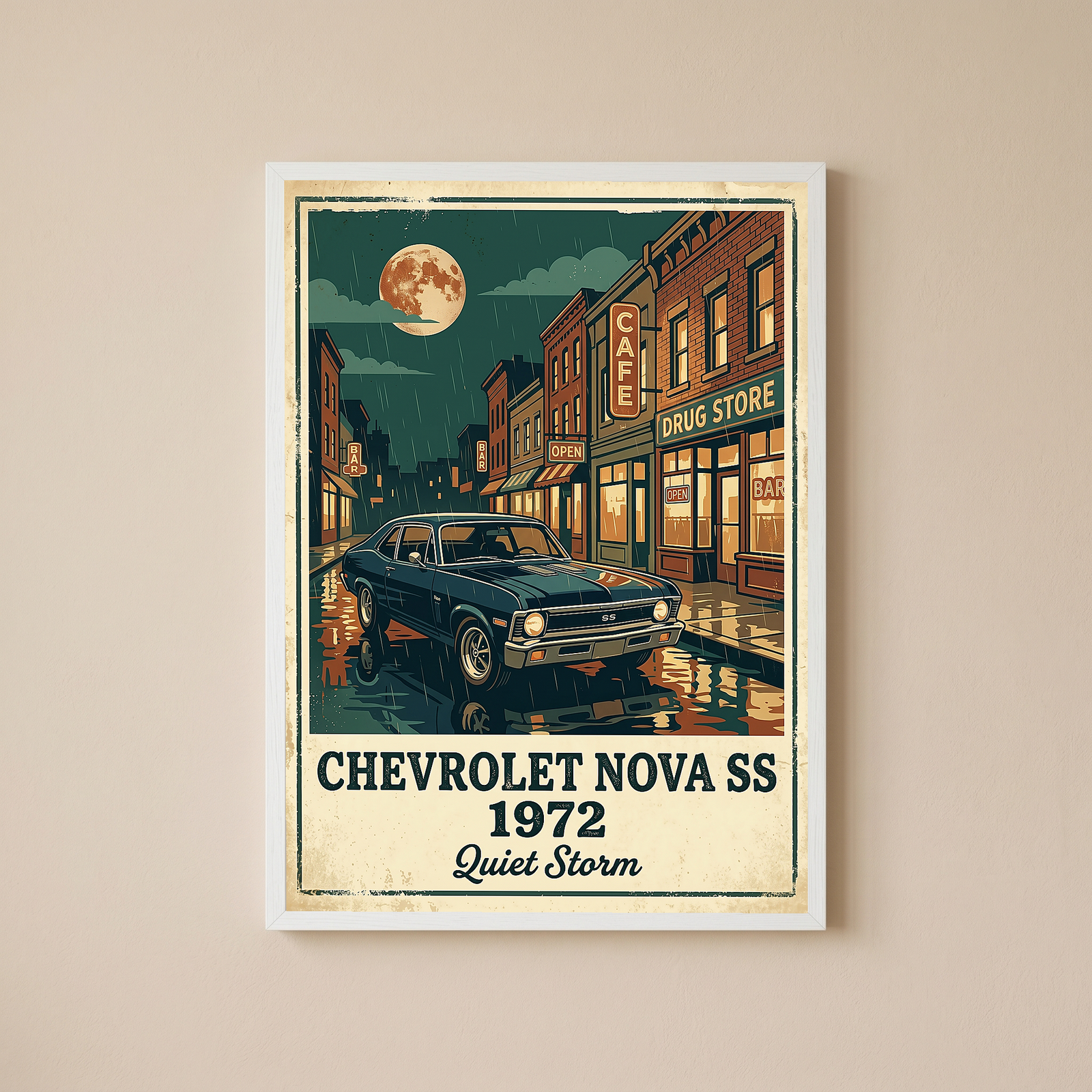 Chevrolet Nova SS 1972 Poster — Vintage Muscle Car Rainy Night Street Print