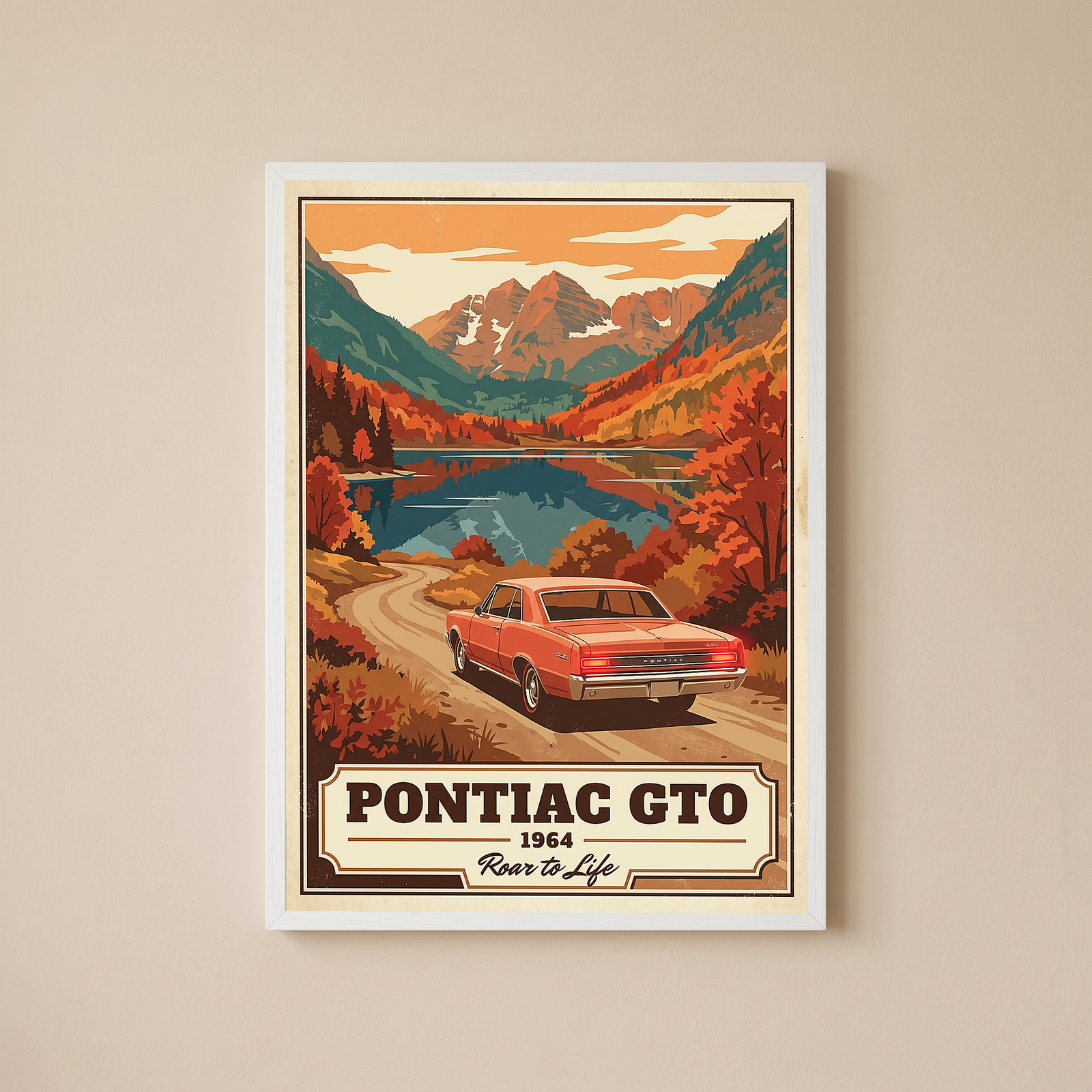 Pontiac GTO 1964 V4 Poster — Vintage Muscle Autumn Mountain Lake Print