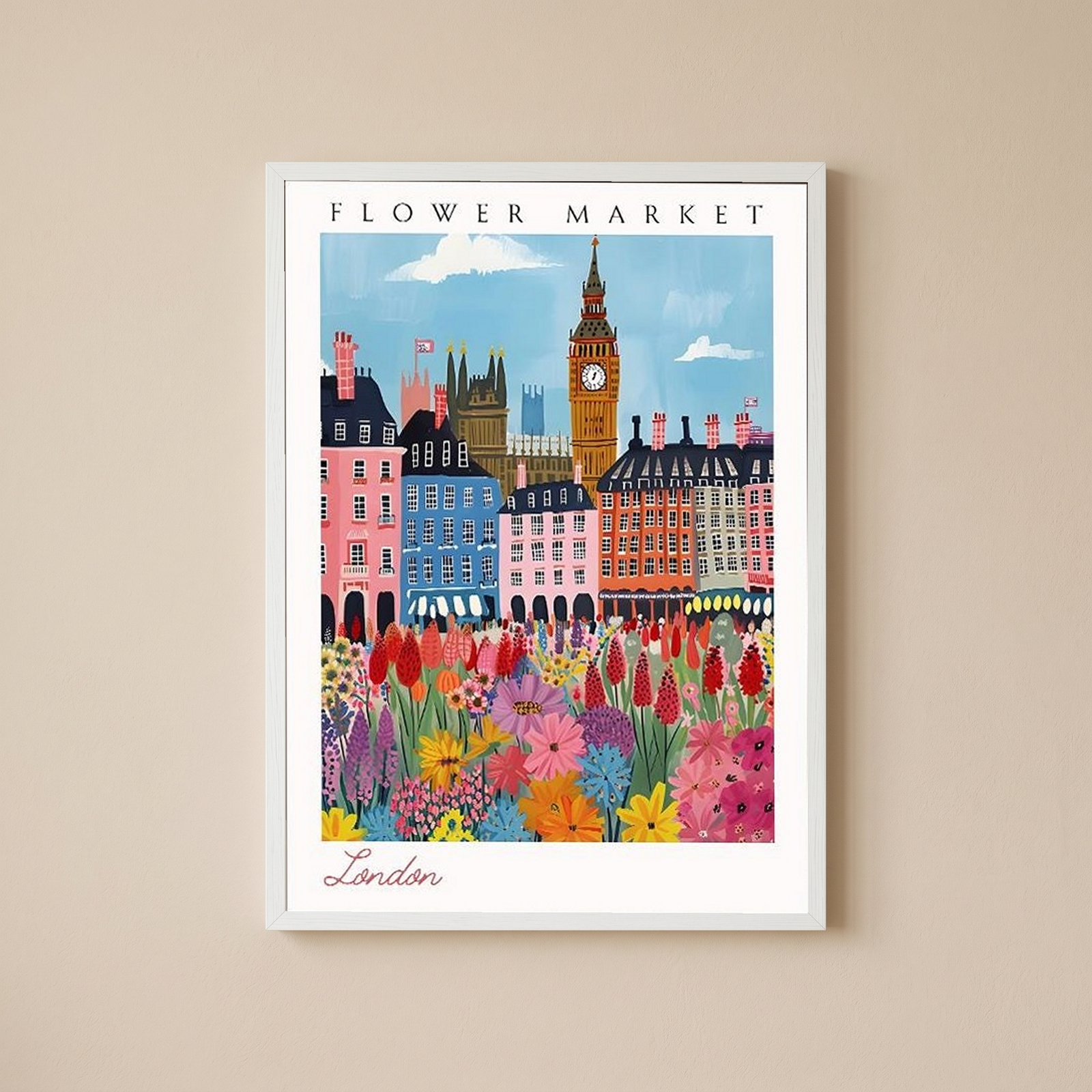 London Flower Market Print — Big Ben Cityscape British Botanical Art