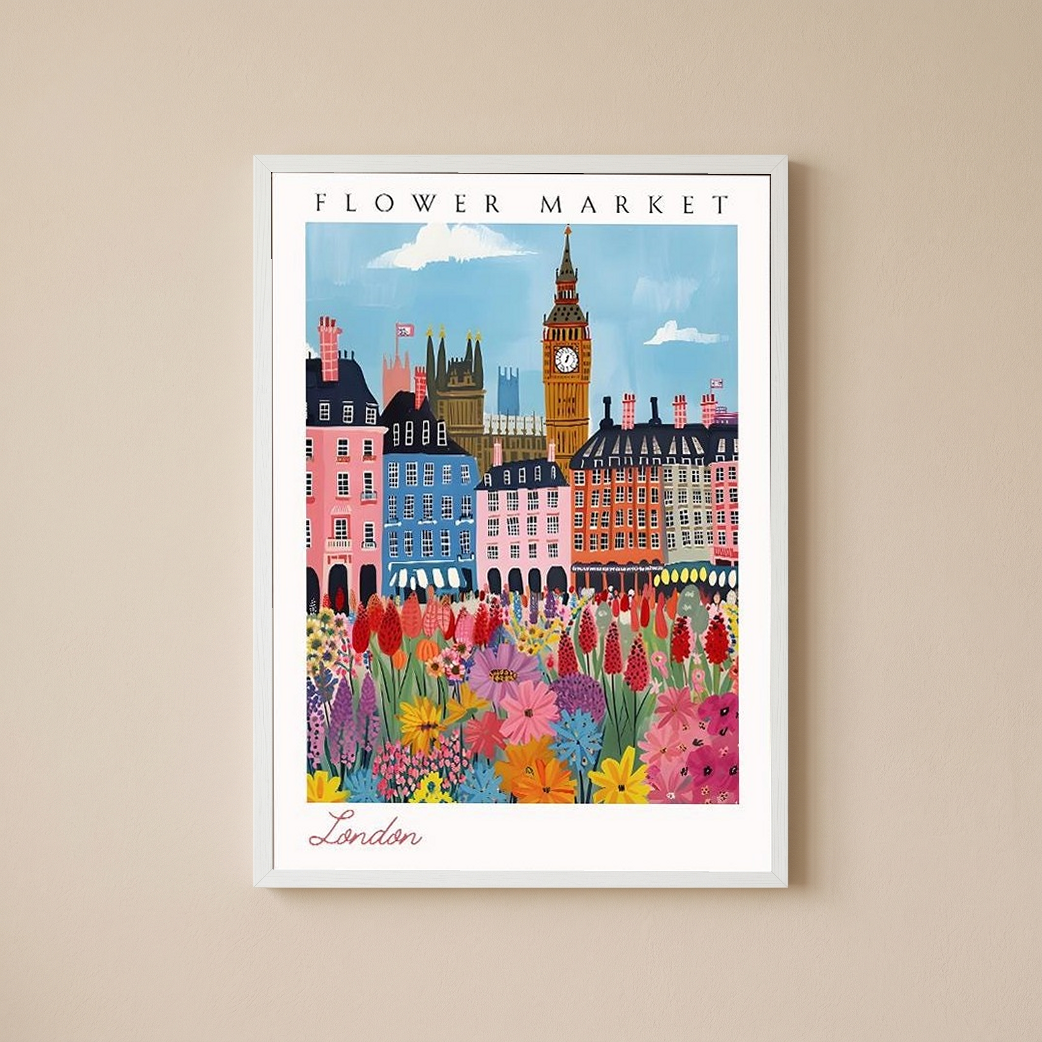 London Flower Market Print — Big Ben Cityscape British Botanical Art