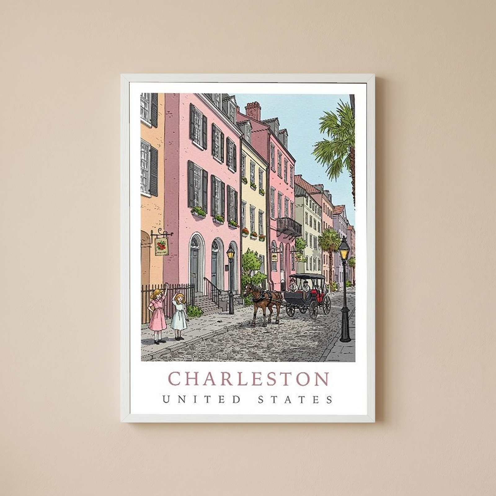 Charleston SC Travel Poster — Rainbow Row Carriage Ride Pastel Print