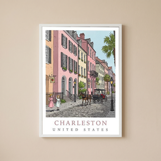 Charleston SC Travel Poster — Rainbow Row Carriage Ride Pastel Print