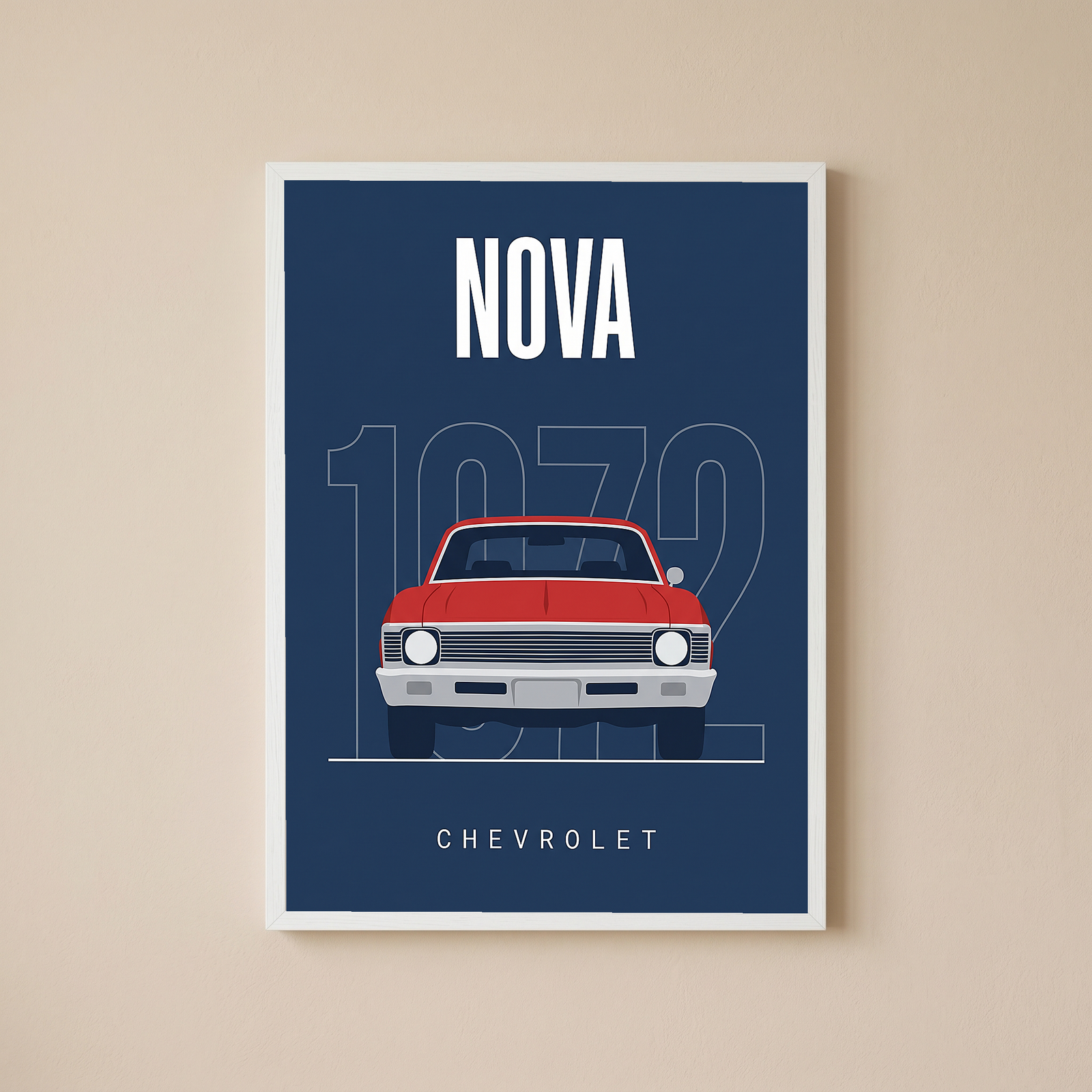Chevrolet Nova 1972 Minimalist Poster — Red on Navy Compact Muscle Line Art